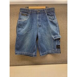 Brooklyn Xpress Mens Denim Cargo Shorts Blue Y2K Baggy Embroidered Streetwear 40